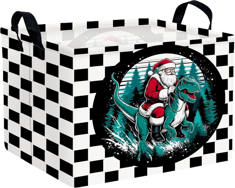 BOOHIT Large Christmas Gifts Empty Baskets Kids Collapsible Holiday Storage Bin with Handle (Dinosaur Santa Claus) - Image 1